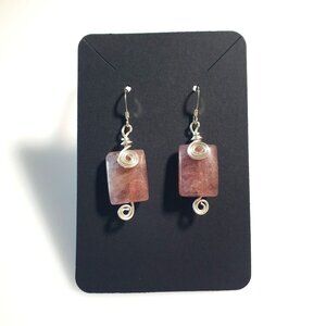 Pink Stone Wire Wrapped Dangle Earrings Silver Tone Hook Rectangle Gemstone Gift